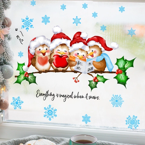 Weihnachten Cartoon Vogel Winter Zweig Schneeflocke Wandaufkleber PVC Wasserdicht Fenster Aufkleber Home Dekoration