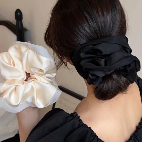 Scrunchie In Satin Oversize Con Bordo In Tulle Elastico Stile Francese Colore Solido Per Donne