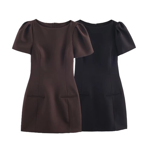 Elegant Women Mini Dress Short Puff Sleeve Round Neck Pleated Decorative Pockets A-Line Solid Polyester Retro Summer