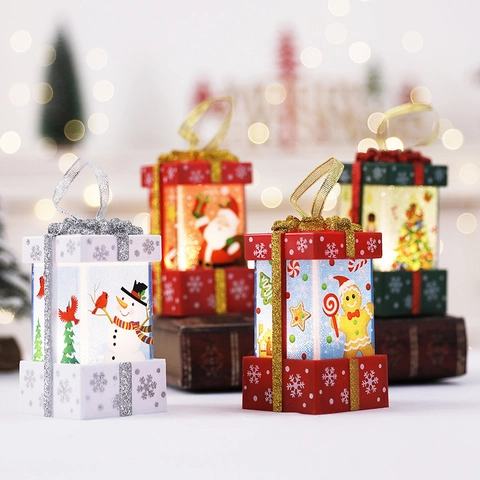 Luce LED Natale Ornamento Scatola Regalo Plastica Luminosa Pupazzo Di Neve Babbo Natale Decorazione Appesa Novità Festiva