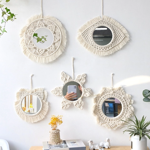 Bohemian Macrame Wall Mirror Hand Woven Cotton Rope Round Fringed Tassel Decorative Mirror For Home Living Room Bedroom