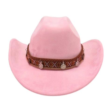 Cappello Da Cowboy Occidentale Camoscio Tesa Larga Con Fascia Intrecciata Etnica E Pendenti In Monete Di Metallo