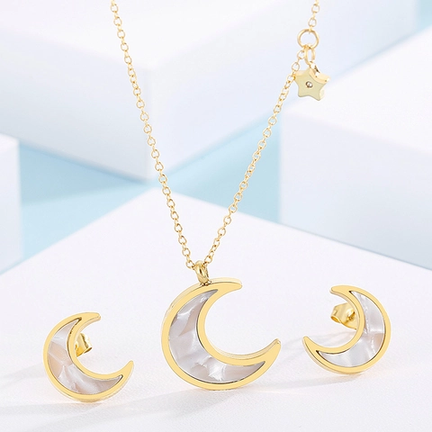 Collar Y Pendientes De Acero Inoxidable Con Nácar Concha Luna Estrella Joyería De Moda Para Mujer Diseño Elegante