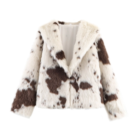 Dames Faux Fur Jas Koe Print Revers Lange Mouwen Kort Jack Modieus Winter Bovenkleding Warm Pluche