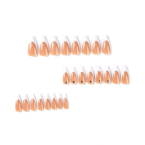 Franse Press On Nagels Lange Coffin Kunstnagels Witte Rand Steentjes Nude Roze Volledige Dekking Kunstnagels Voor Dames