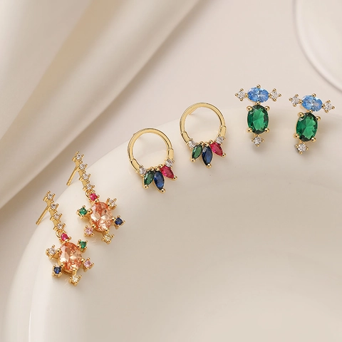 Colorful Zircon Copper Earrings For Women Geometric Flower Shape Inlaid Rhinestone Fashion Elegant Jewelry