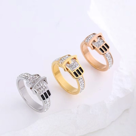 304 Edelstahl Gürtelschnalle Ring Für Damen Zirkonia Strass Micro Pave Schwarz Emaille Inlay Eleganter Schmuck