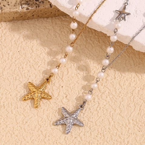 Collar De Perlas Artificiales Y Estrella De Mar Asimétrico Acero Inoxidable Colgante Océano Texturizado Joyería De Moda Para Mujer