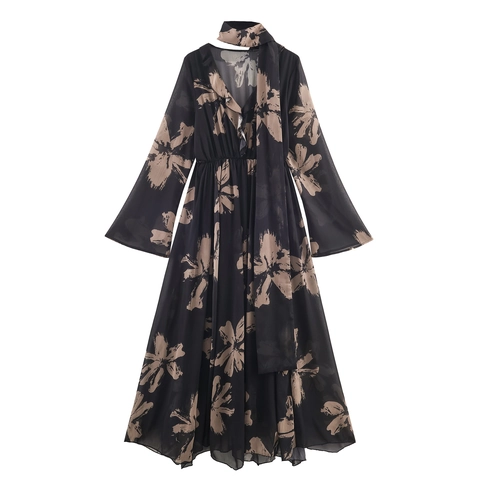 Abito Maxi Elegante In Chiffon Con Stampa Floreale Scollo A V Lunghe Maniche A Campana E Scollo Annodato Per Donna