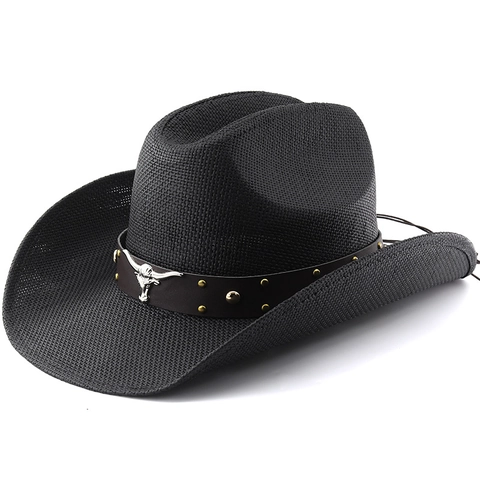 Westerse Cowboyhoed Retro Gevlochten Papierstro Stierkop Decor Zonbescherming Brede Rand Outdoor Ridder Stijl Mannen Vrouwen