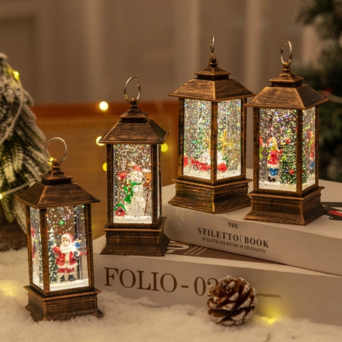 Christmas Snow Globe Lantern LED Lighted Swirling Glitter Water Lantern Vintage Bronze Santa Claus Desktop Holiday Decor