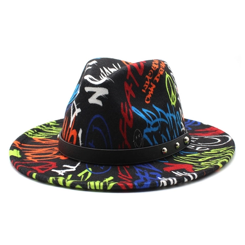 Fedora Hut Mit Graffiti-Druck Wollfilz-Hut Mit Lederband Und Nieten Breite Krempe Unisex Jazz Streetwear Kappe