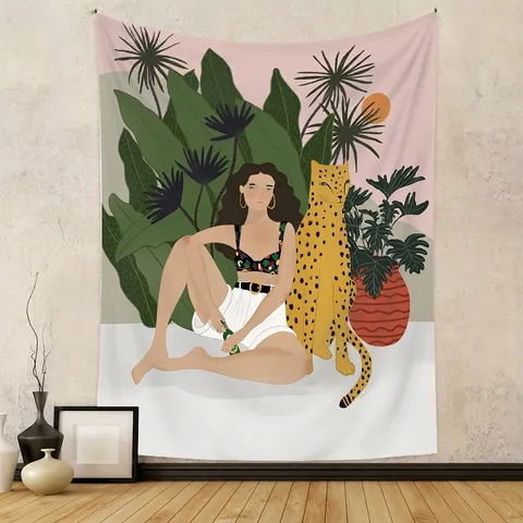 Arazzo Da Parete Illustrazione Artistica Estetica Giungla Tropicale Tigre Leopardo Panno Appeso In Peluche Spazzolato Per Casa
