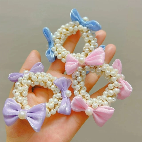 Lindo Coletero De Perlas Artificiales Con Lazo De Tela Gomas Elásticas Para Pelo Niñas Estilo Coreano Soporte De Coleta Dulce