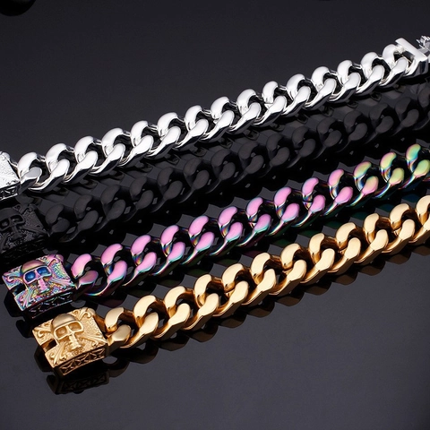 Herren Punk Edelstahl Totenkopf Schnalle Panzerkette Armband Heavy Metal Biker Curb Chain Armband Für Herren Schmuck