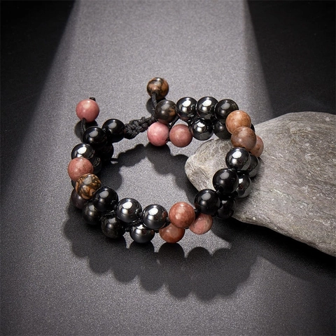Triple Protection Bracelet Natural Black Obsidian Rhodochrosite Hematite Double Layer Adjustable Braided Beaded Jewelry