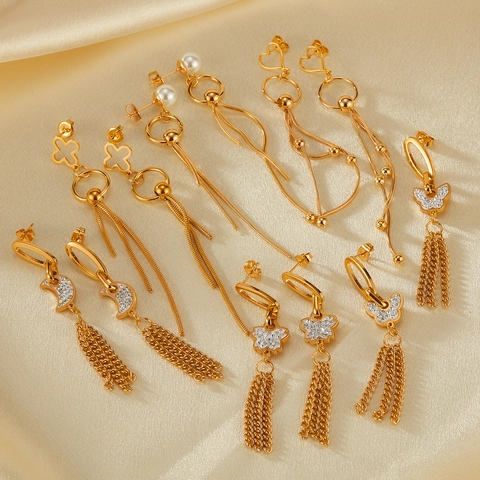Mode Edelstahl Lange Quasten-Ohrhänger Gold Vergoldet Strass Künstliche Perle Schmetterling Mond Herz Ohrringe Für Damen