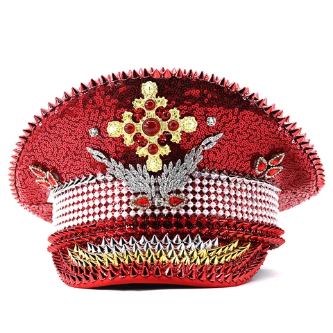 Cappello Da Capitano Con Paillettes Berretto Militare Da Festival Con Borchie Künstliche Perle Strass Croce Per Festa Palco Carnevale Punk
