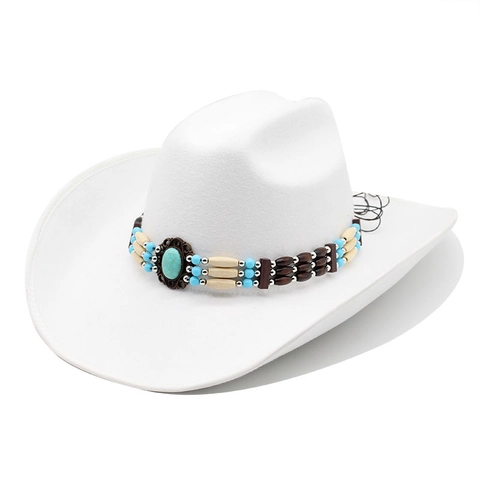 Western Cowboyhut Breite Krempe Wollfilz Mit Perlen Ethno Band Türkis Dekor Vintage Fedora Für Herren Damen