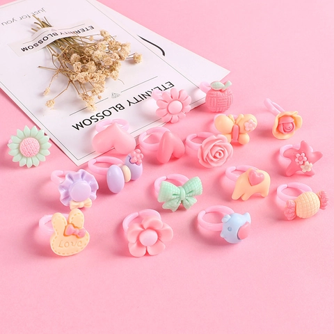 Cartoon Rings For Girls Plastic Resin Mixed Fruit Cake Animal Shape Colorful Adjustable Jewelry Party Favor Gift