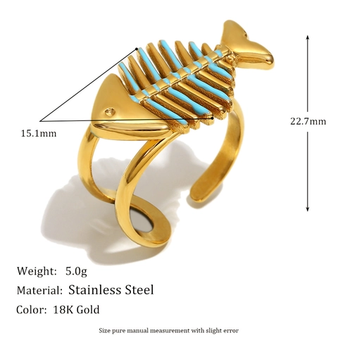 Fishbone Open Ring Stainless Steel 18K Gold Plated Blue Enamel Drip Oil Adjustable Creative Fashion Jewelry Women