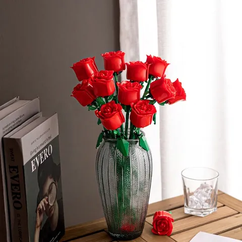 Building Block Artificial Flower Bouquet DIY Botanical Collection Rose Sunflower Orchid For Home Decor Creative Gift For Girls