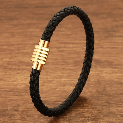 Pulsera De Cuero Trenzado Para Hombre Cierre Magnético De Acero Inoxidable Pulsera Tejida Simple Joyería Hecha A Mano Estilo Casual