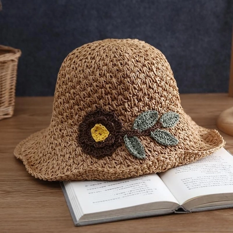 Women Straw Sun Hat Woven Crochet Flower Decoration Breathable Wide Brim Beach Summer Bucket Hat Vintage Style