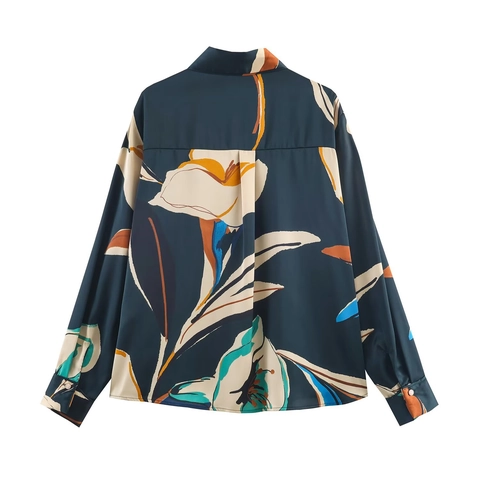 Blusa In Raso A Maniche Lunghe Da Donna Stampa Floreale Astratta Camicia Abbottonata Setosa Elegante