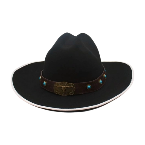 Cappello Da Cowboy Western Feltro Di Lana Tesa Larga Stile Etnico Retro Colore A Contrasto Fascia In Pelle Fibbia Testa Di Toro