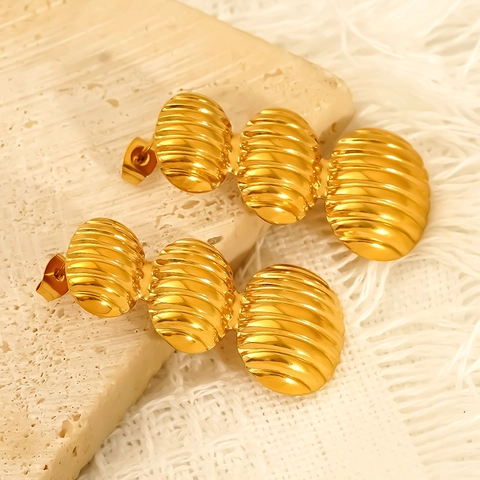 18K Gold Plated 304 Stainless Steel Drop Earrings Ribbed Textured Triple Tiered Oval Geometric Vintage Elegant Jewelry