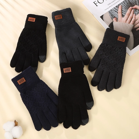Men Knitted Touch Screen Gloves Thick Faux Cashmere Fleece Lined Warm Winter Full Finger Simple Style Leather Patch