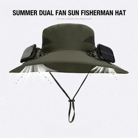 Solar Powered Fans Bucket Hat Wide Brim Waterproof Quick Dry Breathable Fishing Sun Hat Outdoor Hiking Camping Adjustable