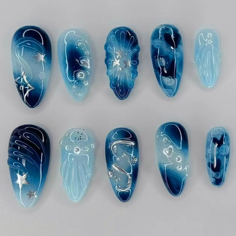 Unghie Finte Press On Sfumate Blu Galassia 3D Ondulazione Stella Perla Artificial Decorazione Glitter Cat Eye Mandorla Donne