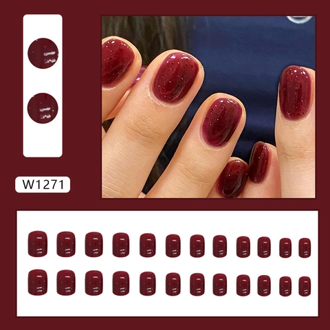 Uñas Postizas Cortas Color Burdeos Forma Cuadrada Redonda Rojo Oscuro Brillante Manicura Elegante Para Mujeres