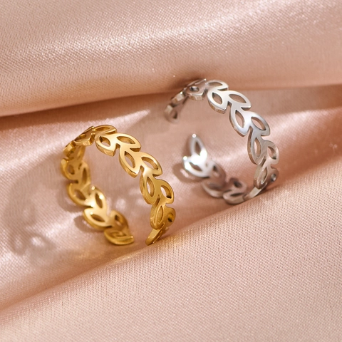 Stainless Steel Leaf Open Ring Adjustable Hollow Wheat Ear Olive Branch Minimalist Jewelry For Women