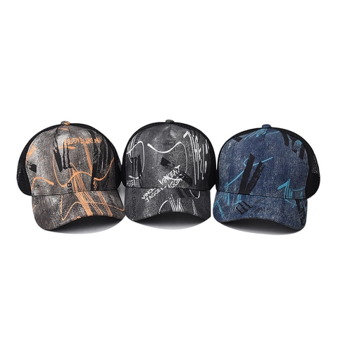Cappello Trucker In Cotone Lavato Con Stampa Graffiti E Rete Traspirante Streetwear Vintage Per Uomo Donna