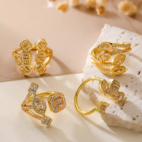 Luxury Gold Plated Copper Zirconia Geometric Open Ring For Women Minimalist Elegant Fashion Jewelry Adjustable Finger Ring