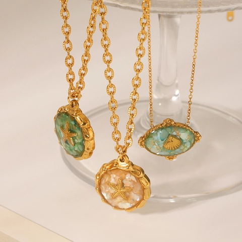 Seestern Muschel Anhänger Halskette 18K Vergoldet Edelstahl Muschelsplitter Schlüsselbein Kette Meeresstil Damen