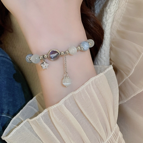 Cat's Eye Stone Natural Stone Beaded Bracelet With Zircon Star Pendant Alloy Fashion Elastic Jewelry For Women