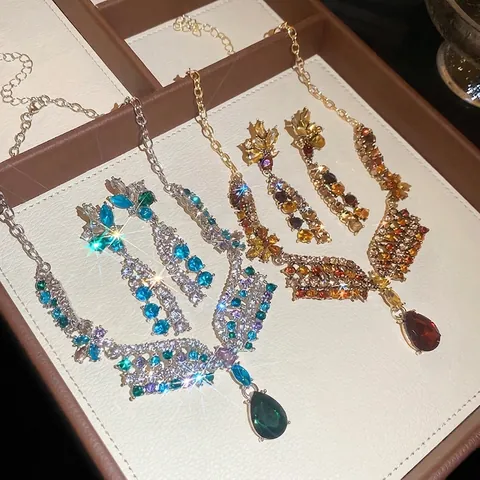 Collar Y Pendientes Con Colgante De Flor Vintage Con Postes De Plata Aleación Diamante De Imitación Gota De Agua Para Mujer