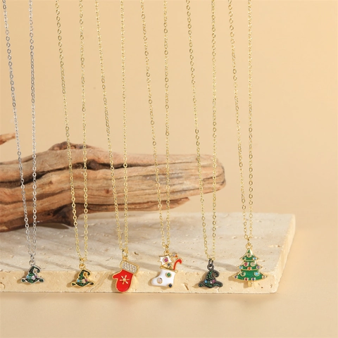 Collana con Ciondolo a Cappello da Mago in Rame Zirconia Vintage Francese Smalto Albero di Natale Guanto Calza Gioielli Donna