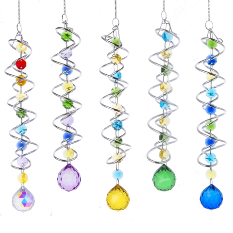 Crystal Suncatcher Metal Spiral Wind Spinner Tail K9 Glass Prism Rainbow Maker Hanging Ornament For Outdoor Garden Home