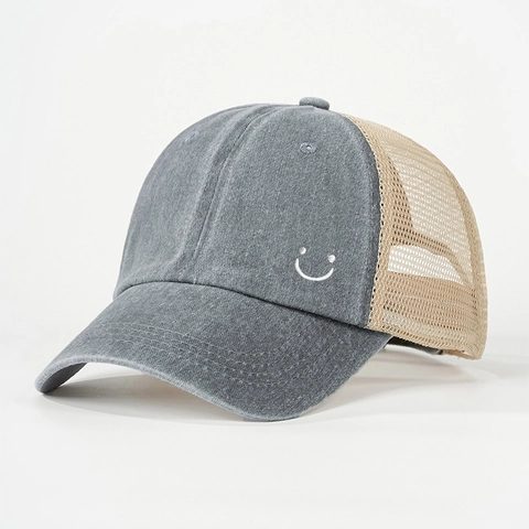Cappellino Da Baseball In Cotone Lavato Vintage Con Rete Traspirante Trucker Hat Ricamo Smiley Regolabile Protezione Solare Stile Retrò