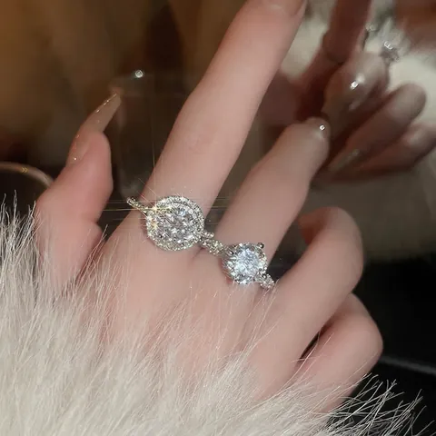 Anillo Elegante De Circón Para Mujer Corte Redondo Engaste Halo Cobre Plateado Boda Compromiso Joyería Lujo