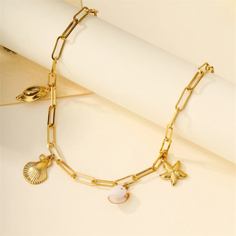 Collar con Colgante de Acero Inoxidable Estilo Oceánico para Mujer Estrella de Mar Concha Dorada Perla Artificial Joyería Regalo