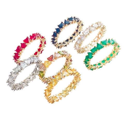 Heart Eternity Ring Copper Sparkling Cubic Zirconia Full Band Colorful Trendy Jewelry For Women Elegant Sweet Gift