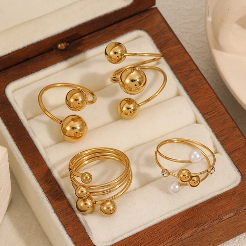 Geometric Ball Open Rings Stainless Steel 18K Gold Plated Niche Design Faux Artificial Pearl Rhinestone Non Fading Jewelry For Women