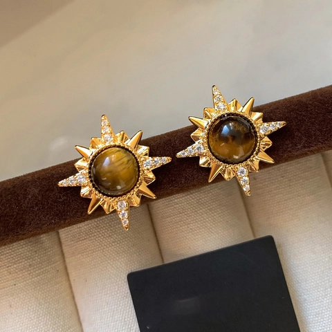 Orecchini A Lobo Stella Occhio Di Tigre Placcati Oro 18K Per Donna Design Vintage Con Perno In Argento Sterling 925