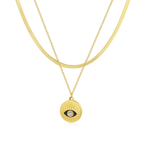 Stainless Steel Double Layered Necklace 18K Gold Plated Snake Bone Chain Evil Eye Sun Pendant Rhinestone Fashion Jewelry For Women